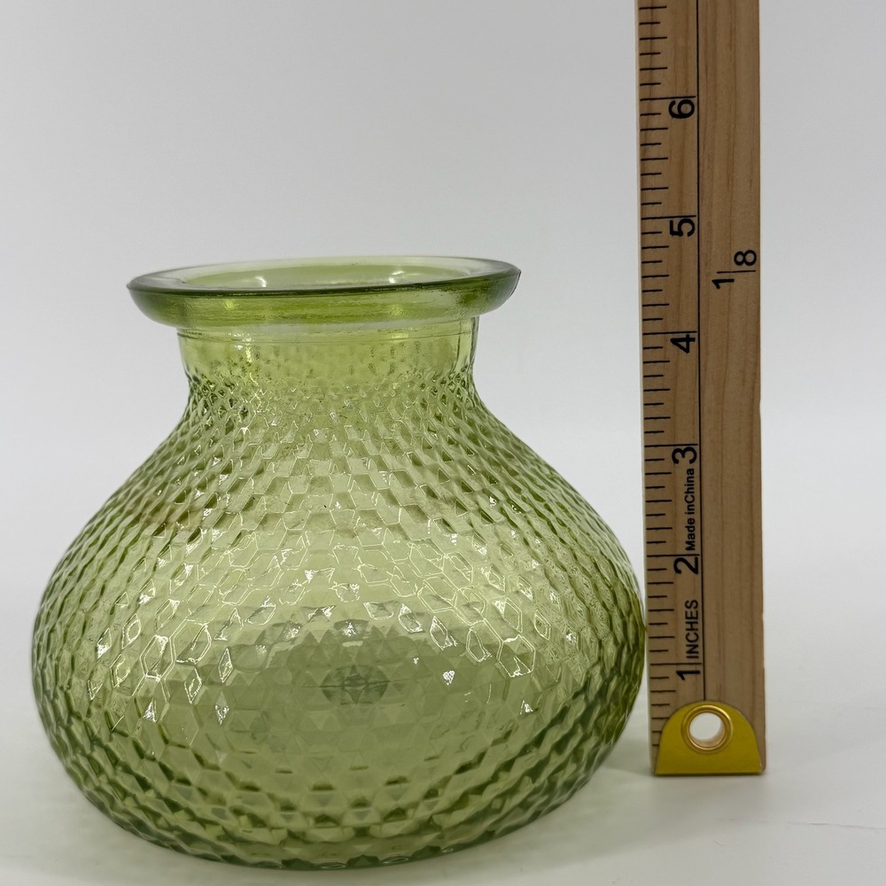 Vintage Green Honeycomb Textured Glass Bulbous Bud Vase 4.5 Inch MCM Style - Picture 6 of 7